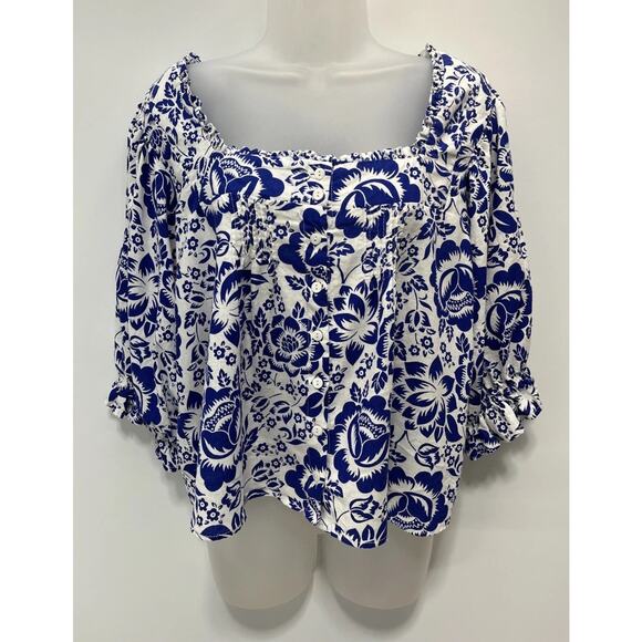 Rachel Zoe Women 3/4 Sleeve Button Linen Rayon Top Size M White Blue Floral - Picture 1 of 7
